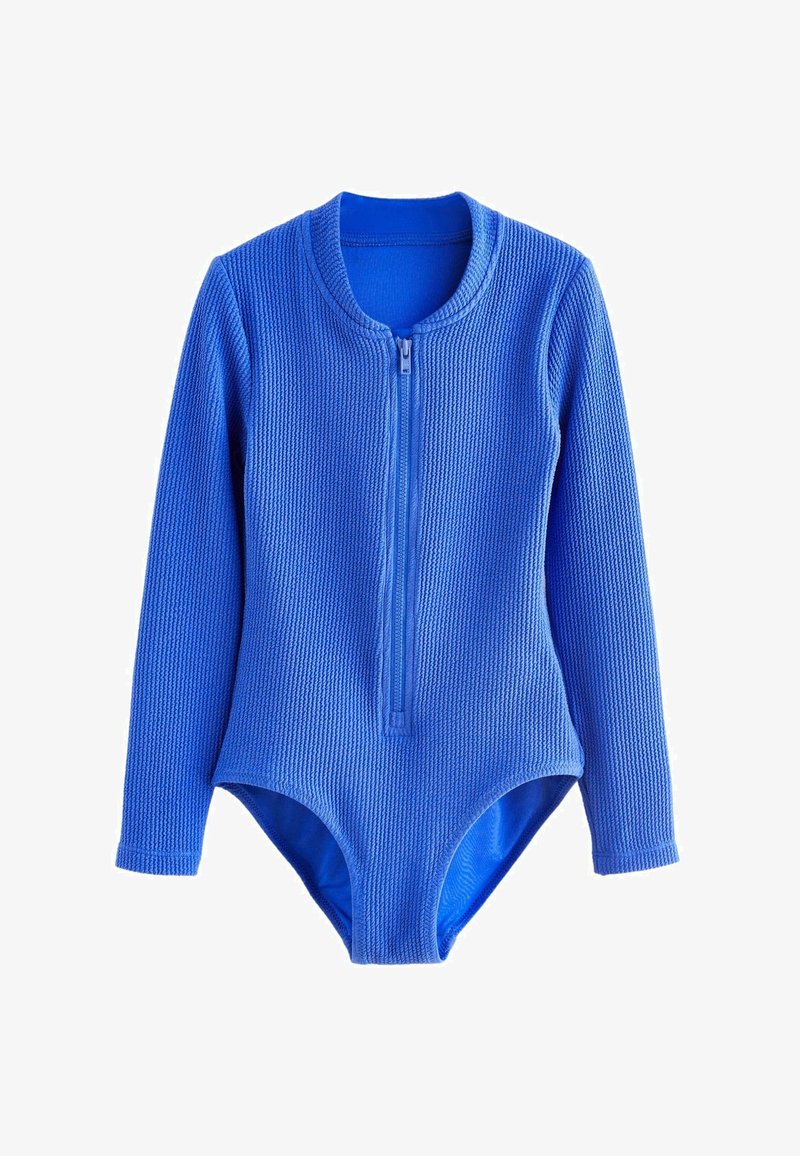 Pikad varrukad sinine ujumiskostüüm tekstureeritud pinnaga, esi-zipp ja ümar kaelus; klassikaline lõige kõrgete jalgade avadega.