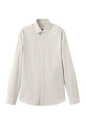 Overhemd met lange mouwen met beige en lichtbruine kleine geruite patroon en een puntige kraag.