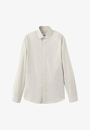 Overhemd met lange mouwen met beige en lichtbruine kleine geruite patroon en een puntige kraag.