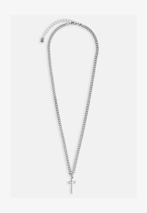 Sølvcernede halskæde med et enkelt korsvedhæng. Kæden har et fladt leddesign og en justerbar lås.