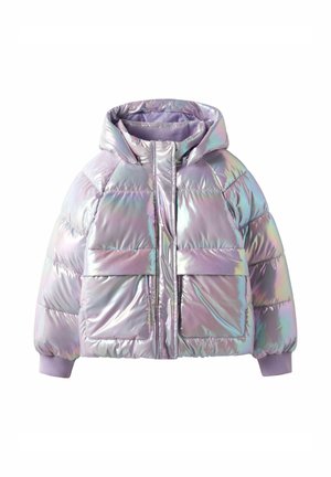 Iridescent lavender puffer jacket with hood, large front pockets, zipper closure, and ribbed cuffs.
