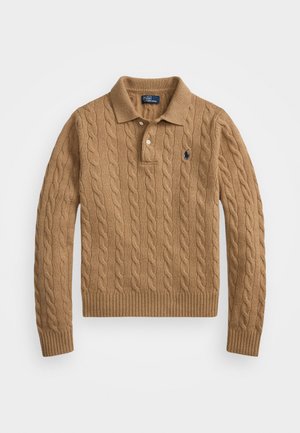 Cable-knit tan sweater with a polo collar, three buttons, ribbed cuffs, and hem, featuring a small blue logo on the left chest.