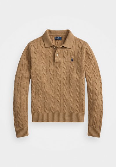 Cable-knit tan sweater with a polo collar, three buttons, ribbed cuffs, and hem, featuring a small blue logo on the left chest.