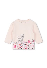 Roze lange mouwen shirt met een hertillustratie en bloemenprint aan de onderkant. Gemaakt van zachte stof, met een ronde halslijn en een drukknoopsluiting achter.