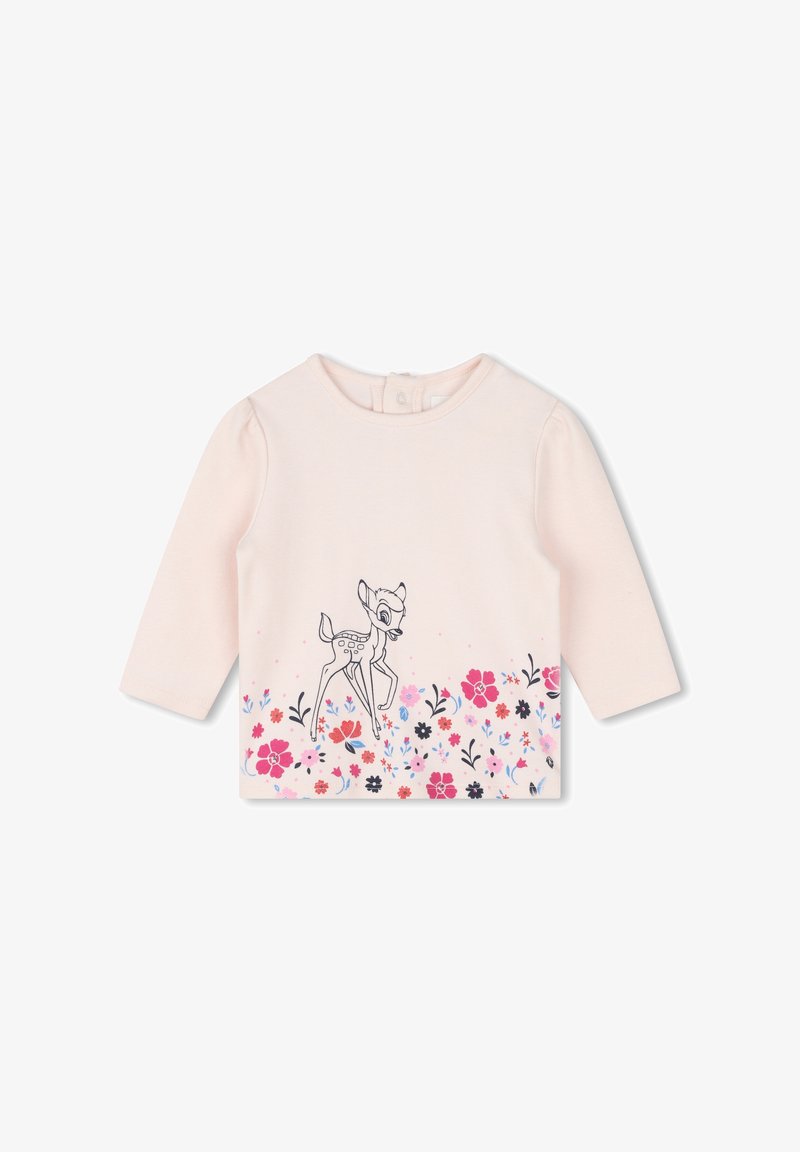 Roze lange mouwen shirt met een hertillustratie en bloemenprint aan de onderkant. Gemaakt van zachte stof, met een ronde halslijn en een drukknoopsluiting achter.