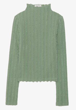 Haut à manches longues en tissu côtelé vert clair. Col montant, design court avec des bords effilochés. Texture douce avec des rayures verticales.