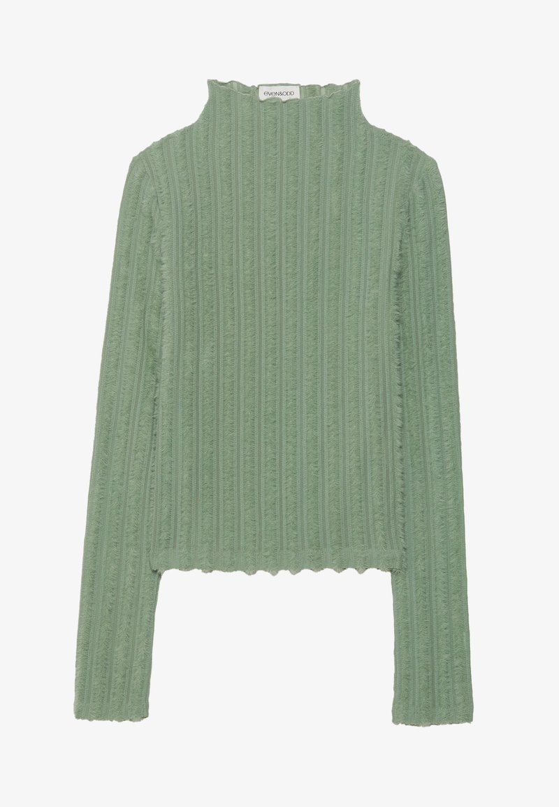 Long-sleeve top in light green ribbed fabric. High neck, cropped design with fringed edges. Soft texture with vertical stripes.