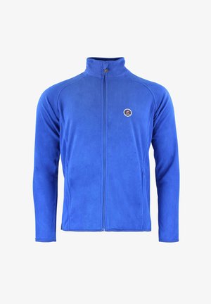 Veste en polaire bleue avec un col montant, fermeture éclair intégrale et poches latérales zippées. Présente un petit logo sur le côté supérieur gauche de la poitrine. Texture douce.