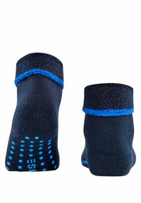 Schwarze Socken mit einer strukturierten Oberseite und blauen Akzenten am Bund. Blaue Grip-Punkte an der Sohle für verbesserte Rutschfestigkeit.