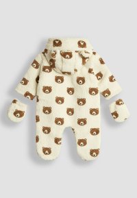 Jumpsuit per neonati color crema con cappuccio e muffole rimovibili, caratterizzato da un motivo di faccine di orsetti marroni in morbido pile.