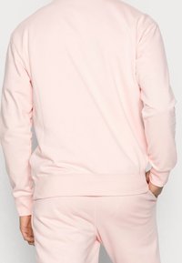 Sweatshirt in cotone rosa con maniche lunghe, polsini e orlo a coste. Presenta una vestibilità comoda e una texture liscia, indossato con pantaloni abbinati.