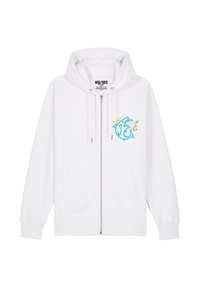 Felpa bianca con zip in misto cotone, caratterizzata da una grafica di uno squalo in blu con accenti colorati, due tasche anteriori e cappuccio con cordino.