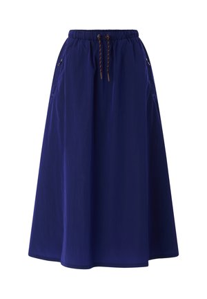 Marineblauwe A-lijn rok met een elastische tailleband, een bruine trekkoord en ritssluiting zakken aan beide zijden, gemaakt van lichtgewicht stof.