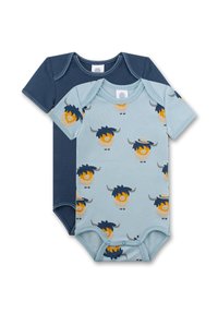 Twee korte mouw bodysuits: één in marineblauw, de ander in lichtblauw met gele en marine dierenprint, gemaakt van zachte katoen en voorzien van drukknoopsluitingen.
