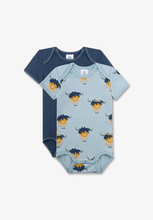 Zwei kurzärmelige Bodysuits: einer in Marineblau, einer in Hellblau mit gelbem und marineblauem Tierdruck, aus weichem Baumwollstoff und mit Druckknöpfen ausgestattet.