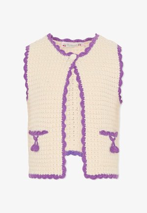 Veste en crochet crème avec bordure festonnée violette, fermeture à boutons et deux poches décoratives avec pompons.