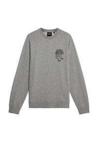 Felpa grigia con collo rotondo, maniche lunghe e polsini a coste. Presenta una grafica di un leone nero e testo sulla parte sinistra del petto. Tessuto morbido al tatto.