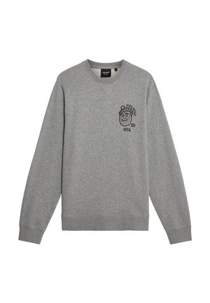 Grijze sweatshirt met ronde hals, lange mouwen en ribgebreide boorden. Bevat een zwart leeuwengrafiek en tekst op de linkerkant van de borst. Zachte stoftextuur.