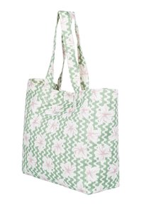 Green fabric tote bag with a wavy white pattern and pink floral accents. Features dual straps and a rectangular shape.