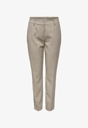 Beige, op maat gemaakte rechte broek met riemlussen en een verborgen voorsluiting, vervaardigd van gestructureerde stof.