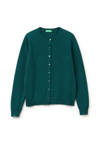 Teal knitted cardigan with a round neck, full-length sleeves, and seven matching buttons down the front. Soft texture and straight hem.
