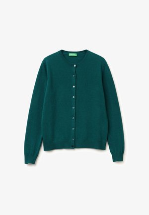 Cardigan lavorato a maglia color teal con collo rotondo, maniche lunghe e sette bottoni abbinati lungo la parte anteriore. Texture morbida e orlo dritto.