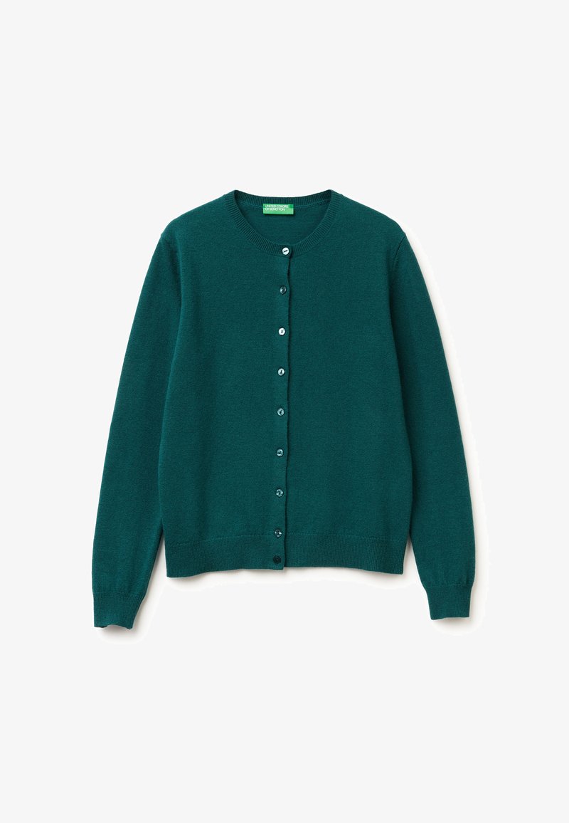 Teal knitted cardigan with a round neck, full-length sleeves, and seven matching buttons down the front. Soft texture and straight hem.
