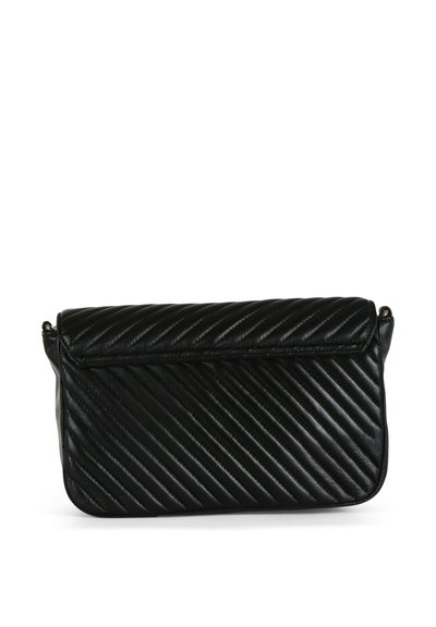 Schwarze, gesteppte Lederhandtasche mit diagonaler Rippstruktur, rechteckiger Form und Klappe zum Überschlagen. Verfügt über minimalen Beschlag.