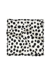 Écharpe en soie avec un fond blanc orné de grands pois noirs et une étroite bordure noire. Le tissu semble lisse et légèrement froissé.