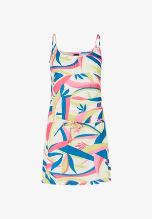 Višebojna haljina bez rukava s cvjetnim uzorkom u ružičastim, plavim, zelenim i žutim nijansama; uključuje remen na vezivanje u struku i dva džepa.