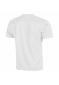 Weißes T-Shirt mit kurzem Arm, aus glattem Baumwollstoff gefertigt, mit rundem Halsausschnitt und geradem Saum. Keine zusätzlichen Details oder Muster.