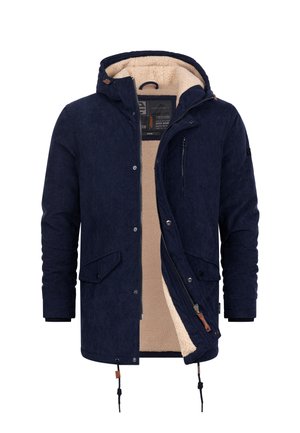 Marinblå kordjacka med en mjuk beigefodring, dragkedja och tryckknappar, justerbar dragsko i nederkant och flera framfickor.