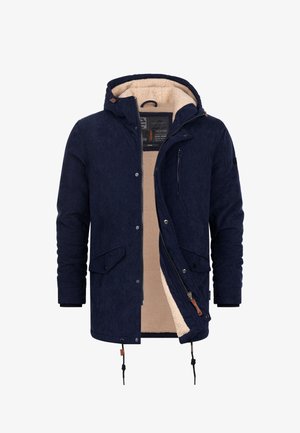 Marineblå kordfløjljakke med en blød beige foring, lynlås og trykknaplukninger, justerbar snor i bunden og flere frontlommer.