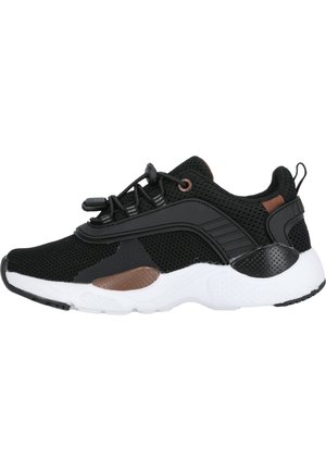 Schwarzer Mesh-Sport Schuh mit dezenten braunen Akzenten, weißer Zwischensohle und strukturierten Details. Verfügt über elastische Schnürsenkel für einen sicheren Sitz.