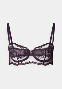 Purple lace bra featuring sheer cups with floral embroidery and scalloped edges. Adjustable straps made of matching fabric.
