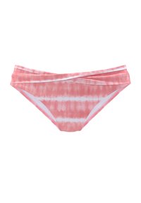 Ružový bikinový spodok s efektom tie-dye s hladkou textúrou, vybavený prekríženým dizajnom v oblasti pásu a jemným bielym pruhovým vzorom.