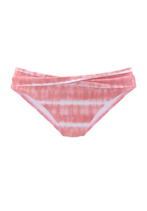 Roze tie-dye bikini onderkant met een soepele textuur, voorzien van een kruislingse ontwerp bij de taille en een subtiel wit streep patroon.
