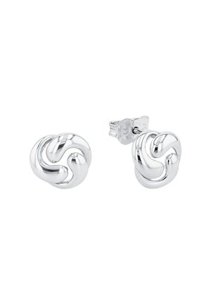 Pendientes en forma de nudo de plata con un acabado brillante. El diseño redondeado presenta lazos entrelazados. Cierre a presión para un uso seguro.