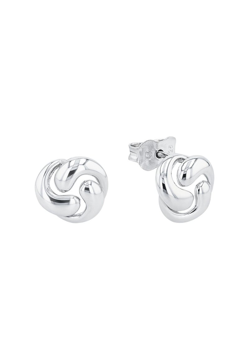 Pendientes en forma de nudo de plata con un acabado brillante. El diseño redondeado presenta lazos entrelazados. Cierre a presión para un uso seguro.