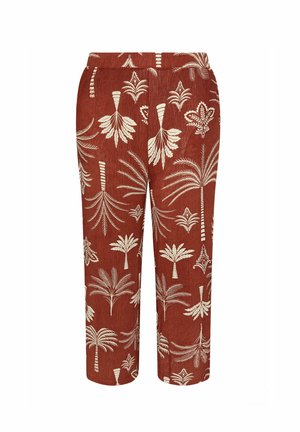 Pantaloni terracotta con finitura testurizzata, caratterizzati da motivi bianchi di palme e fiori su tutto il capo. Vita elastica per il massimo comfort.