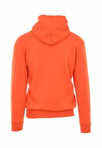 Felpa arancione con cappuccio, dal taglio rilassato, caratterizzata da una texture liscia e polsini e fondo a coste. Senza loghi o motivi visibili.