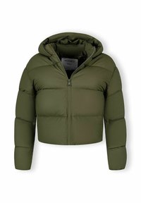 Olijfgroene gewatteerde cropped jas met een capuchon, ritssluiting en gestikte textuur. Lichtgewicht en ontworpen voor warmte.