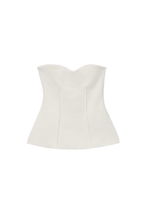 Corset blanc sans bretelles avec décolleté en cœur et silhouette ajustée évasée.