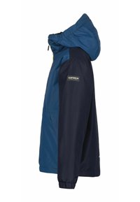 Giacca bicolore con la parte superiore blu e maniche blu scuro. Il materiale sembra essere nylon, con cappuccio e polsini elasticizzati. Logo sulla manica.