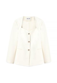 Balta pielāgota žakete ar kvadrātveida kakla izgriezumu, piecām dekoratīvām pogām un divām priekšējām kabatām. Gluda auduma struktūra ar izteiktu siluetu.