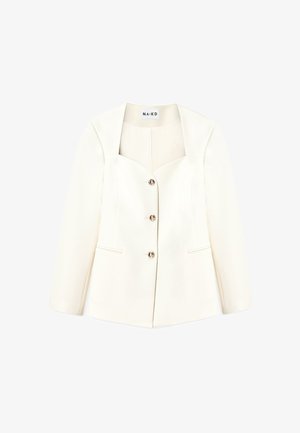 Witte op maat gemaakte blazer met een vierkant halslijn, vijf decoratieve knopen en twee voorzakken. Gladde stof met een gestructureerde silhouet.