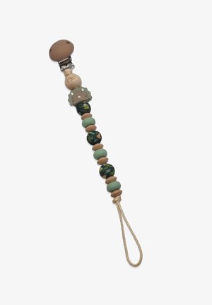 Clip de tétine en silicone avec une palette de couleurs verte et brune, comportant des perles rondes, une perle en bois et une figurine d'animal texturée.