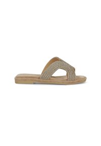 Infradito con una suola in finta suede beige, caratterizzate da cinghie incrociate decorate con accenti metallici per un tocco di brillantezza.