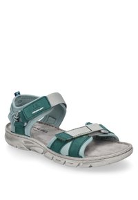 Tyrkysové a světle modré sandály s nastavitelnými popruhy, vyrobené z semiše a textilních materiálů, s texturovanou stélkou a polstrovanou gumovou podrážkou.