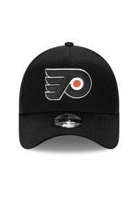Black baseball cap with an embroidered Philadelphia Flyers logo in white and orange on the front. Features a curved brim and adjustable back.